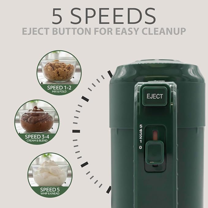 WILLOW Eco Series Electric Hand Mixer, 5 Speed Ultra Power Handheld Mixer with Stainless Steel Whisks, Beaters & Dough Hooks + Eject Button, 350W Kitchen Mixer with Snap-On Storage Case - GREEN