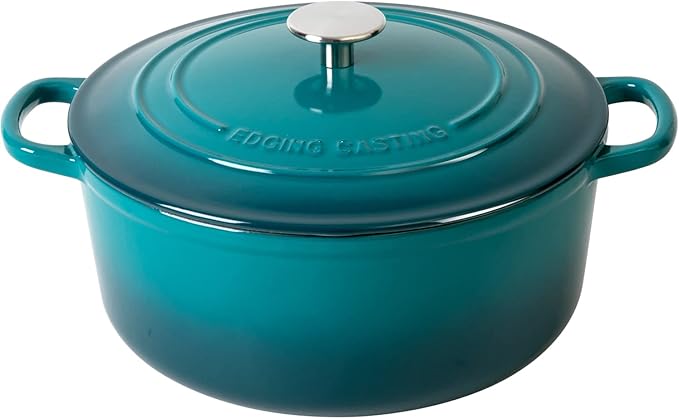 EDGING CASTING Enameled Cast Iron Dutch Oven Pot with Lid for Bread Baking, Cooking, Round Bread Oven Dual Handles, 7 Quart, Darkcyan