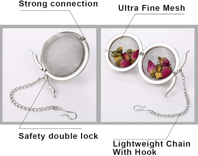 2Pcs Stainless Steel Tea Infuser Strainer, 2.04 Inch Fine Mesh Ball | Metal Fine Mesh Tea Spice Ball for Loose Leaf Tea, Tea Filter with Chain Hook, Tea Interval Diffuser for Spices, Seasonings