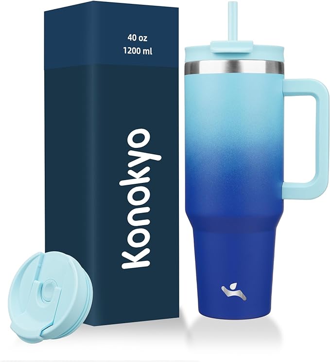Konokyo 40 oz Insulated Tumbler Water Bottle with Handle, Straw Lid | BPA-free and dishwasher safe; made for gym, travel, coffee and gifting, 2 straws, cup holder friendly,Sky