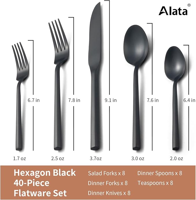 Alata Hexagon Black 40-Piece Forged Silverware Set Stainless Steel Flatware Set,Service for 8,Matte Satin Polished Cutlery Set,Dishwasher Safe