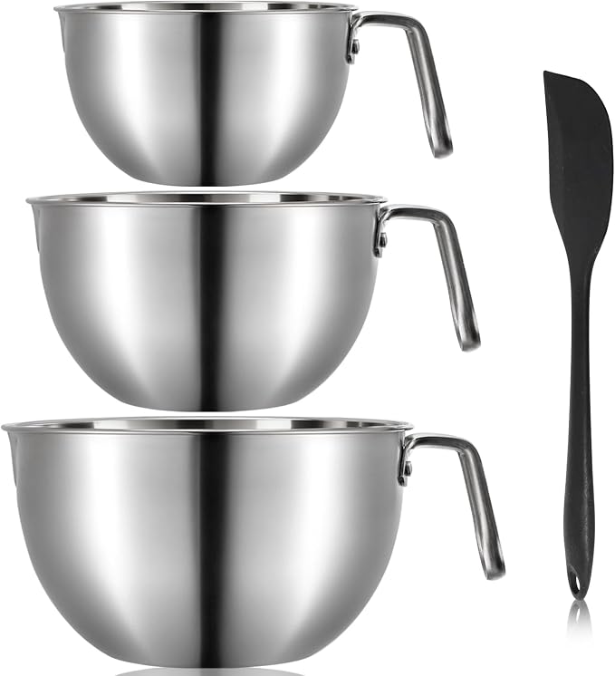 3 Pieces 304 Stainless Steel Mixing Bowls, 1.3/2.1/2.6 Quart Mixing Bowl Set with Handle, Pour Spouts & Measurement Marks, Metal Nesting Bowls with Silicone Spatula for Baking Cooking