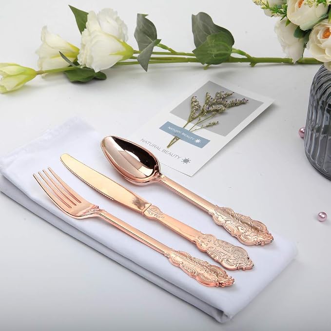 WDF-300 Pieces Rose Gold Plastic Silverware- Disposable Flatware -Heavyweight Plastic Cutlery- Includes 100 Forks, 100 Spoons, 100 Knives for Wedding/Parties/Birthday