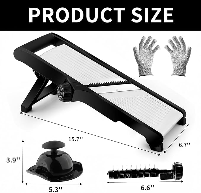 WELTONHM Mandoline Slicer, Adjustable Mandoline Slicer for Kitchen, Stainless Steel Mandolin Vegetable Chopper for Potato, Julienne Cutter with Cut-Resistant Gloves, Black | Stainless Steel Mandoline Slicer for Onion, Cucumber, Cabbage, Potato and Carr...
