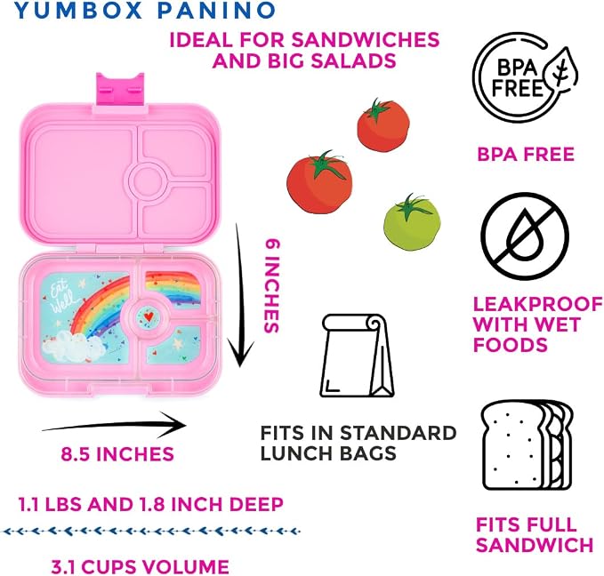 Yumbox Panino Leakproof Bento Lunch Box, Power Pink Rainbow | Sandwich-Friendly Tray, BPA-Free, Easy-Open Latch, Lightweight, Compact