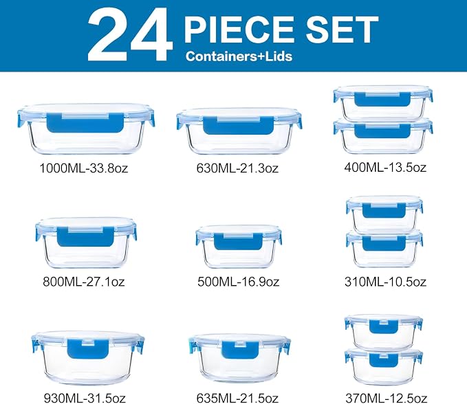 M MCIRCO 24 Piece Glass Food Storage Containers with Lids, Blue | Glass Meal Prep Containers,Airtight Lunch Containers with Lids, Microwave, Oven, Freezer and Dishwasher Friendly, BPA Free