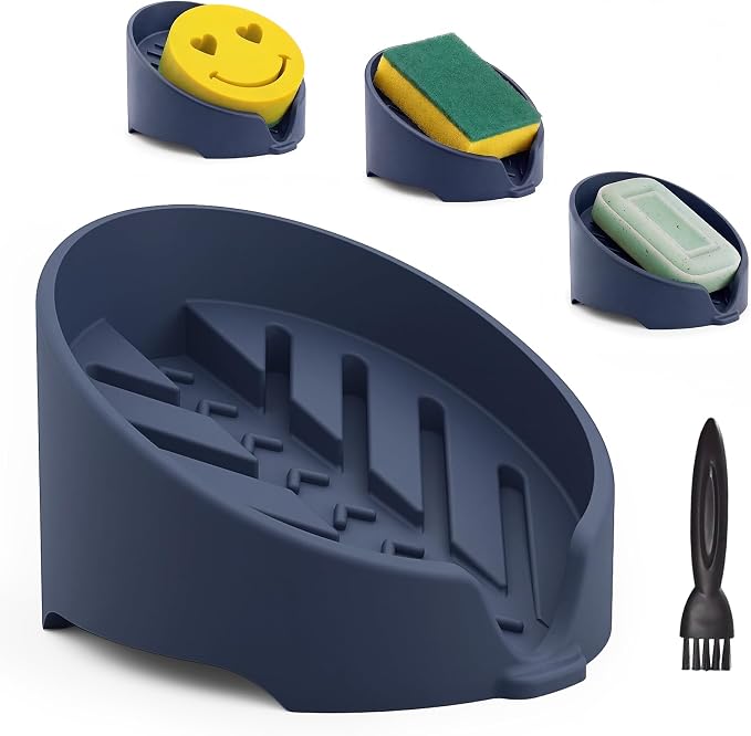NiHome Silicone Sponge Holder for Kitchen Sink, Fits Scrub Daddy Mommy | Self-Draining Dispenser Organizer Tray, Sink Caddy Countertop Fits Soaps, Scrubber, Dishwasher Safe, Includes Brush