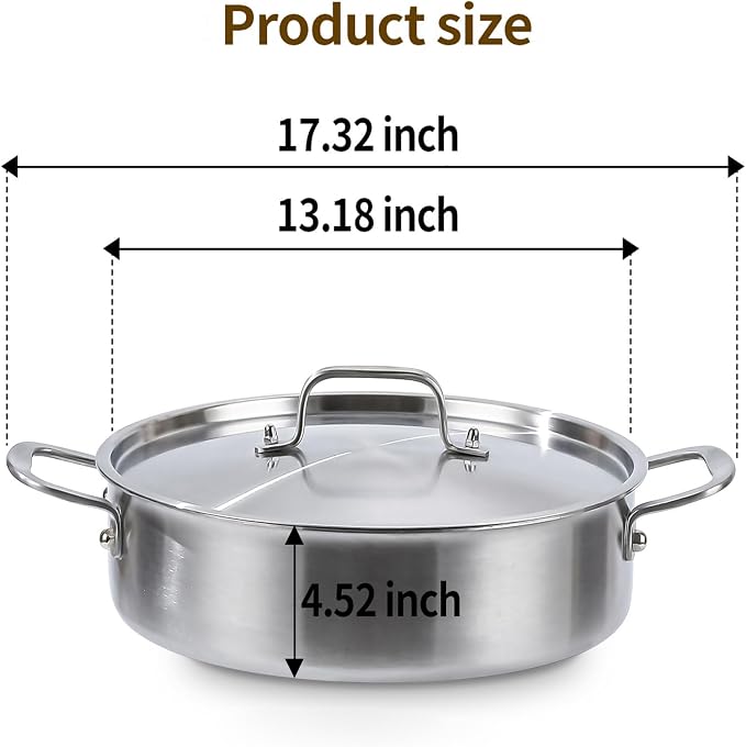 DELARLO 8QT Saute Pan Jumbo Cooker Tri-Ply Stainless Steel Pan | 13 Inch Deep Frying Pan with Steel cover, Kitchen Large Skillet, Heavy Duty Style Compatible with All Cooktops Up to 650℉