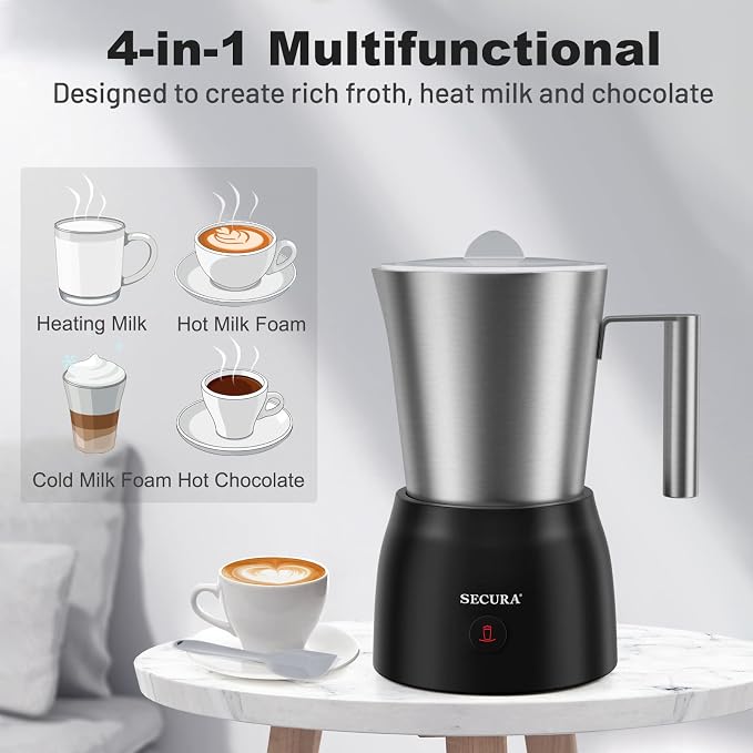Secura Detachable Milk Frother, 17oz Electric Milk Steamer Stainless Steel, Automatic Hot/Cold Foam and Hot Chocolate Maker with 2 in 1 Function Whisks (Upgraded) | Stainless Steel Jug, Teflon & BPA-Free Design, Dishwasher-Safe, 4-in-1 Foam Maker, Hot ...