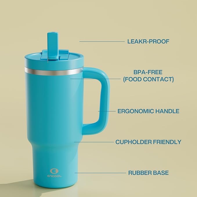 32 oz Tumbler with Handle and Straw: Stainless Steel Insulated Tumbler Keeps Cold for 24 Hours, Leakproof Travel Cup Fits in Cup Holder and BPA-Free,Azure Blue