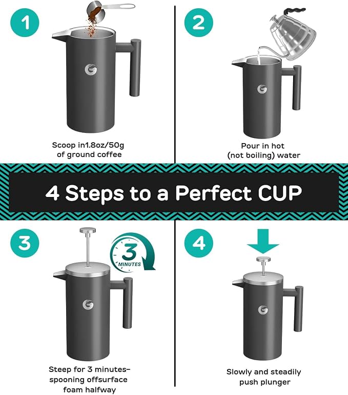 Coffee Gator French Press Coffee Maker 34 oz, Non-Toxic | Double Wall, 4-Layer Filter, Cold Brew Cafetera Tea Pot for Kitchen Travel Camping, Gifts, Decor, Bar Accessories, Gray