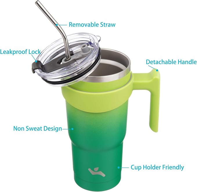 Konokyo 20 oz Tumbler with Handle and Straw, Insulated Travel Mug | Matcha Green; BPA-free, leak-proof tumbler with 2 lids, 2 straws, cup holder fit for coffee, office, travel & daily use