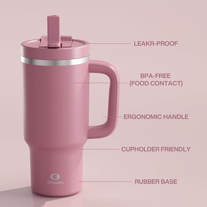 ENCOOL 32 oz Tumbler with Handle and Straw: Stainless Steel Insulated Tumbler Keeps Cold for 24 Hours, Leakproof Travel Cup Fits in Cup Holder and BPA-Free,Turkish Rose