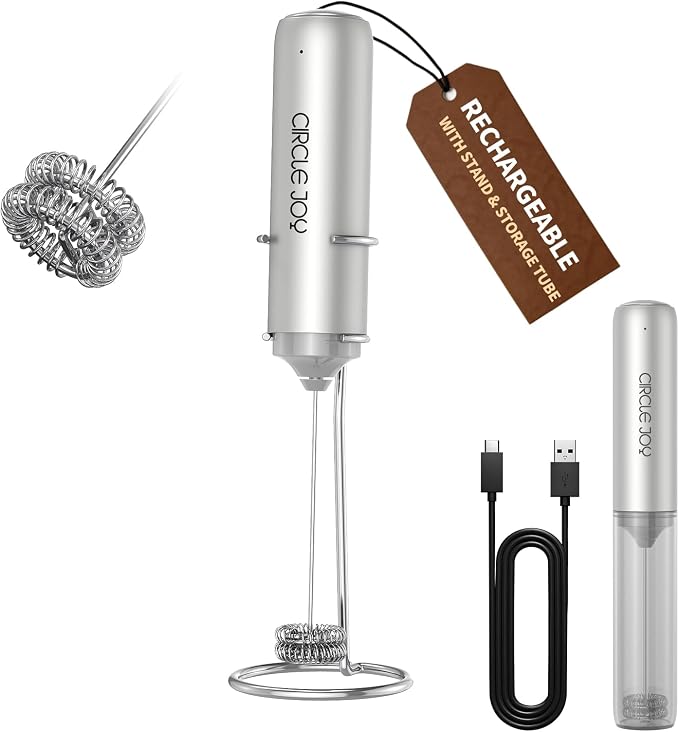 CIRCLE JOY Rechargeable Milk Frother Handheld with Stand,Dual Spring Whisk Electric Coffee Frother Wand, Portable Hand Frother Drink Mixer for Matcha Lattes Cappuccino, Coffee Lover Gift, Silver