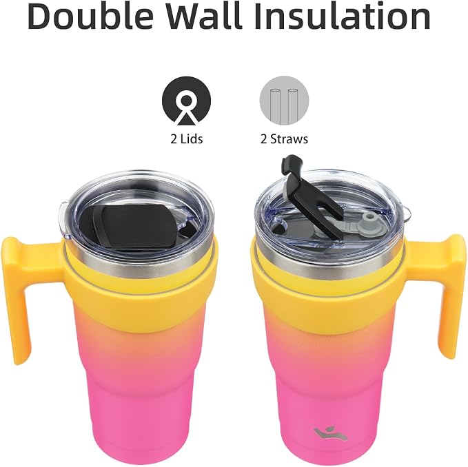 Konokyo 20 oz Tumbler with Handle and Straw, Insulated Travel Mug | Rainbow; BPA-free, leak-proof tumbler with 2 lids, 2 straws, cup holder fit for coffee, office, travel & daily use