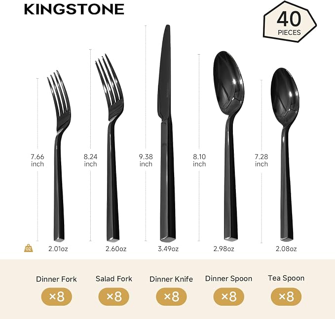 Black Silverware Set for 8, 40 Piece Flatware Set, Stainless Steel | Square Handles, Mirror Polished, Dishwasher Safe, Sturdy, for Home Kitchen, Weddings, Parties & Housewarming