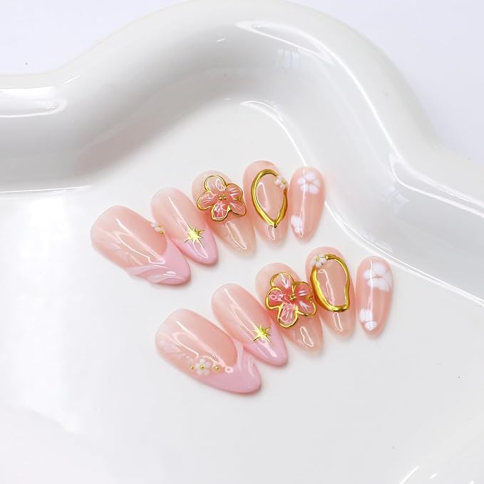 Handmade Press on Nails Medium Almond Fake Nails with 3D Gold Embossed & Flower Design Salon Quality Thickened Acrylic False Nail Full Cover Pink French Tips Stick on Nail for Women（Size S）