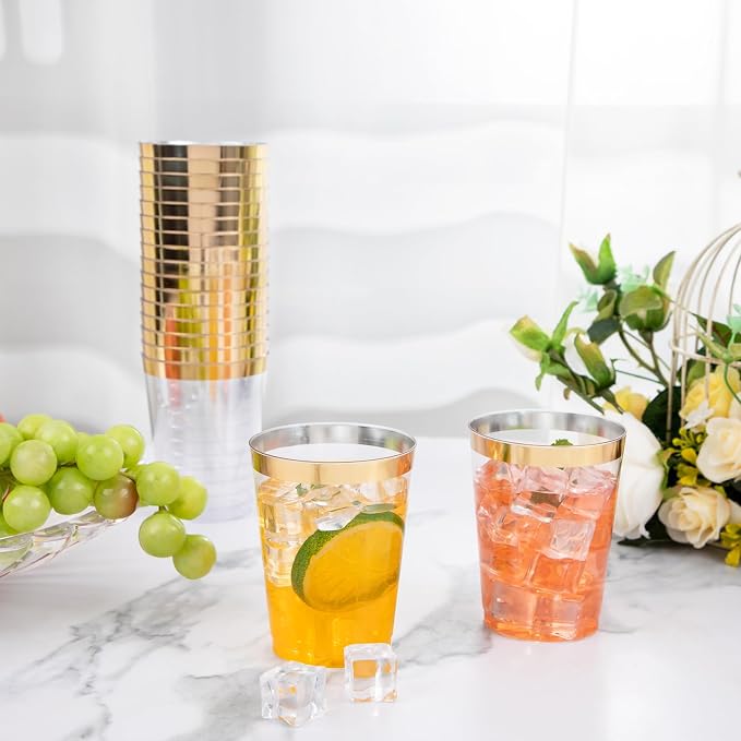 I00000 100 Pcs Gold Plastic Cups,10 oz Clear Plastic Cups with Gold Trim, Beer Mugs，Disposable Hard Cup For Party, Premium Cup Perfect for Wedding & Party