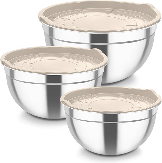 TeamFar Mixing Bowls, Stainless Steel Nesting Salad Bowls & Airtight Lids | For Serving/Mixing/Storing, Rust-proof & Heavy Duty, Dishwasher Safe, Set of 3-4.6/3 / 1.5 QT, Khaki