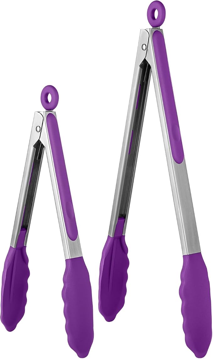 U-Taste Kitchen Tongs for Cooking, 600ºF Heat-Resistant Tps, 2Pcs/Purple | Silicone Tong Set 9/12in, Salad/Grill/BBQ Plastic Tong for Food Serving, Rubber Tipped Tong with 18/8 Stainless Steel Handle