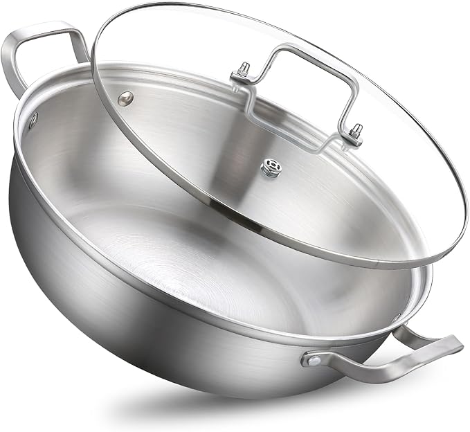 Yeksum Tri-Ply Stainless Steel Saute Pan,Deep Frying Pan with lid,Compatible with All Cooktops Up to 650℉, Everyday Pan,Hot Pot,Kadhai,Induction Cooking Pot,Dishwasher and Oven Safe. (5QT)