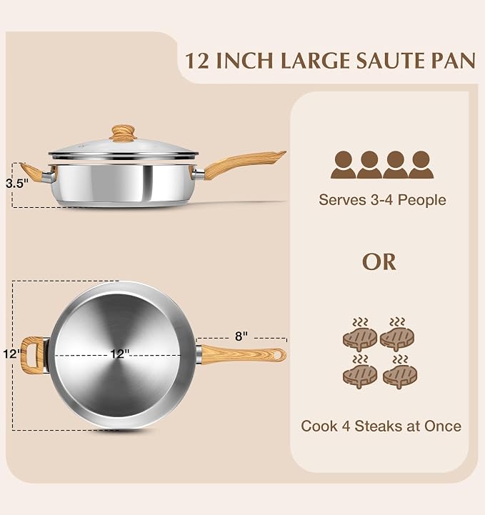 KOCH SYSTEME CS 12 Inch Stainless Steel Saute Pan with Lid, 6 Quart Deep Frying Pan, 18/10 Stainless Steel Saute Pan with Cool-Touch Bakelite Handle, Deep Fry Pan, Induction Ready