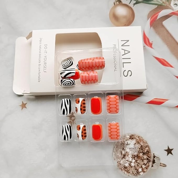 24Pcs Summer Press on Nails Short Square Fake Nails Orange False Nails Press ons Nail Kit with Swirl Striped Leopard Print Design Glossy Glue on Nails Full Cover Stick on Nail for Women Manicure