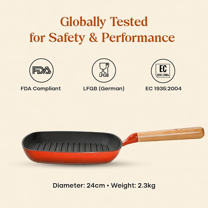 CUMIN CO. Enameled Cast Iron Grill Pan 10 Inch, 1.2 QT Grill Skillet – Non Toxic PFAS Free Cookware – Indoor Grill Pan for Steak, Chicken, Burgers & Vegetables – Induction & Oven Safe (Color: Rust)