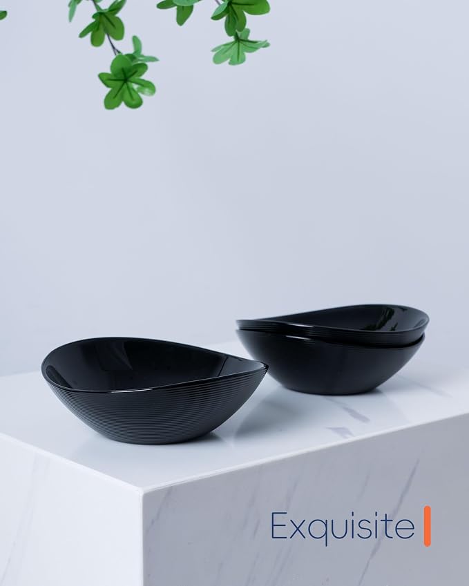 12 OZ Ice Cream Bowl Set of 6, 6 Inch Black Opal Glass | Oval dessert bowls with microwave & dishwasher safe design, perfect for breakfast, snacks, fruit and side dishes