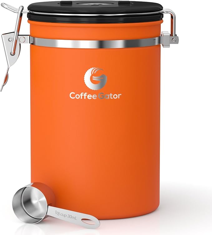 Coffee Gator Coffee Canister, 22oz Airtight Stainless Steel Container | w/ Date Tracker, Scoop, Kitchen Food Storage Jars for Beans , Ground, Rice, Tea, Sugar, Cookie Jars, Bar Accessories, Orange