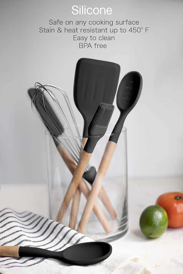 Country Kitchen Non Stick Silicone Utensil Set with Rounded Wood Handles for Cooking and Baking, 6 Piece Set, Black | Rounded Wood Handles, For Cooking and Baking
