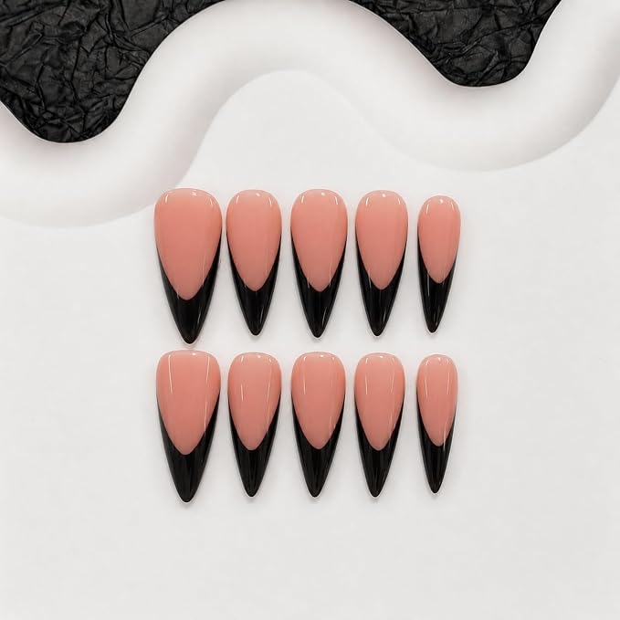Handmade Press on Nails Glossy Black French Tip Fake Nails with Solid Color Designs Long Stiletto Nail Art Thick Acrylic Stick on Nails for Women 10pcs (M)