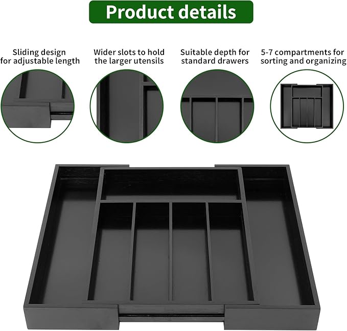 VaeFae Bamboo Drawer Organizer, Medium, Black | Wooden Utensil Holder for Forks Knives, 38 cm D x 29.2-45.7 cm W, 5-7 Slots, Black