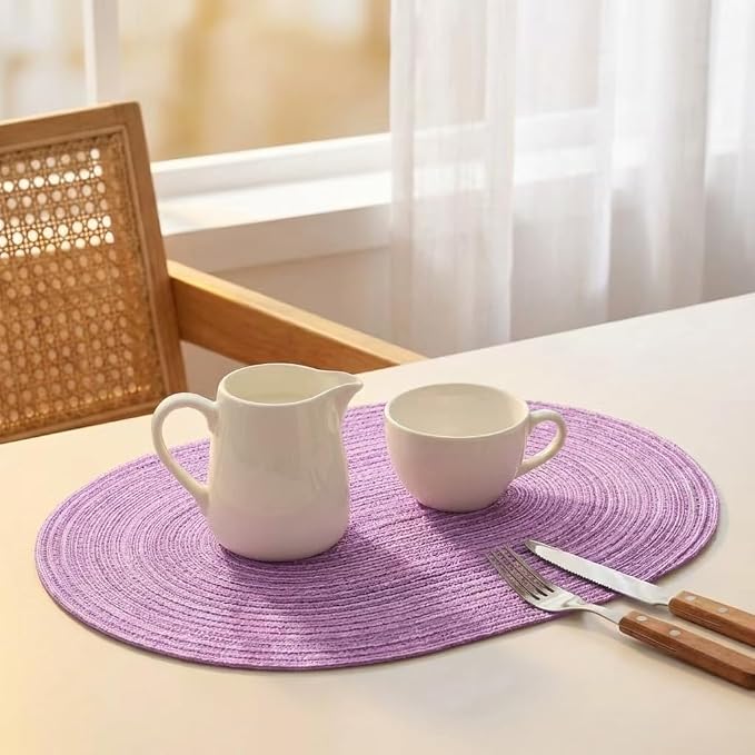 Placemats Set of 6, Woven Oval Braided Dining Table Mats(Lavender Purple) | 12 x 17.5 Inch Size Fits Plates and Flatware; Hand Washable and Heat Resistant for Kitchen Use, with Farmhouse and Boho Style