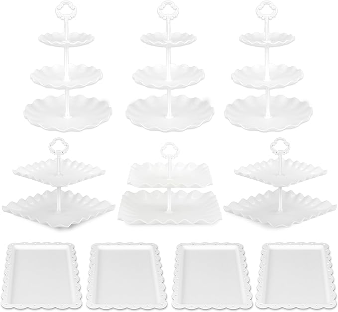 Pack of 11 NWK Cake Stand Set of Cupcake Stand, Tray & Table Cloth (White) | Includes 3 x 2-Tier & 3 x 3-Tier Cupcake Stands, 4 Appetizer Trays, Plus 1 Tablecloth. Ideal for Parties
