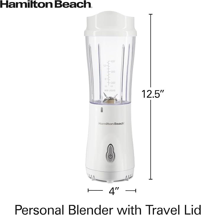 Hamilton Beach Portable Blender for Shakes and Smoothies, 14 Oz BPA Free Travel Cup & Lid, Durable Stainless Steel Blades, Personal Smoothie Blender, White ( 51101V)