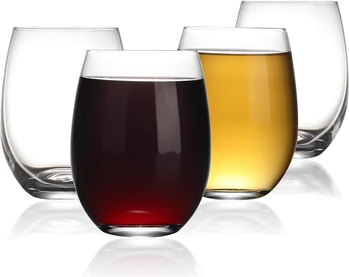 Stemless Wine Glass, Red & White 15oz Stemless Wine Glass Set of 4, Drink Glasses with Durable Chip Resistant Rim, Large Wine Glasses for Enhanced Aeration, Wine Accessories for Parties (15oz - 4Pack)