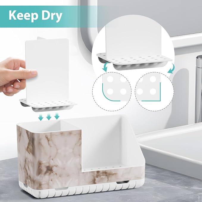 Toothbrush Holders for Bathroom Countertop Organizer (White Marble Grain) | Easy To Clean, Drainage, Non-Slip, Detachable, Kids Electric Toothbrush and Toothpaste Holder for Bathrooms