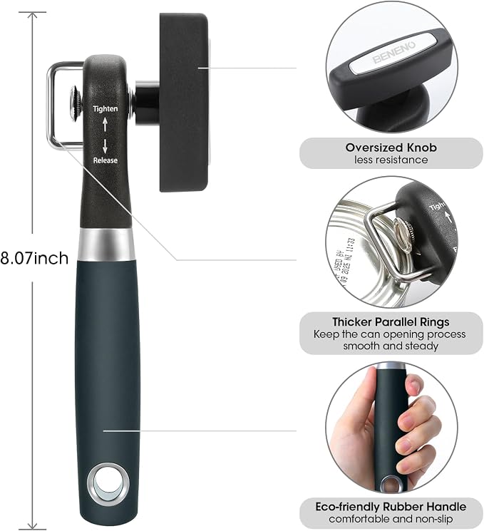 Beneno Can Opener, Manual Side Safe Cut Can Opener Smooth Edge, Green | Durable Sharp DC53 Steel Cutting Blade, Clean Cut with no Sharp Can Edges, Big Effort-Saving Knob, Comfortable Non-Slip Grip