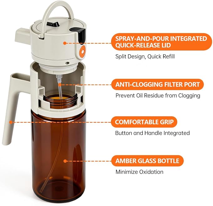 2 in 1 Oil Sprayer & Dispenser for Cooking, 500ml Light-Blocking Glass Olive Oil Bottle with Gravity Sensing Cap, Ergonomic Push-Button Design for Air Fryer, BBQ, Salad