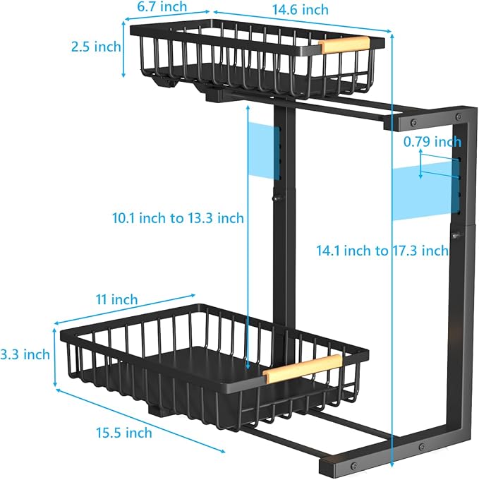 Merrylun Under Sink Organizers, 5 Adjustable Height,Metal Pull Out Under Sink Organizers and Storage Shelves with Sliding Drawer, Black 1pack（Hight 13.6″-16.9″）