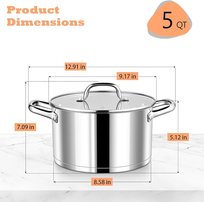 P&P CHEF 5 Quarts Stock Pot with Lid, Stainless Steel Stockpot for Cooking | Cooking Pot for Soup, Pasta, Tri-Ply Bottom for Induction, Gas, Ceramic, Glass Lid & Double Handle, Dishwasher Safe