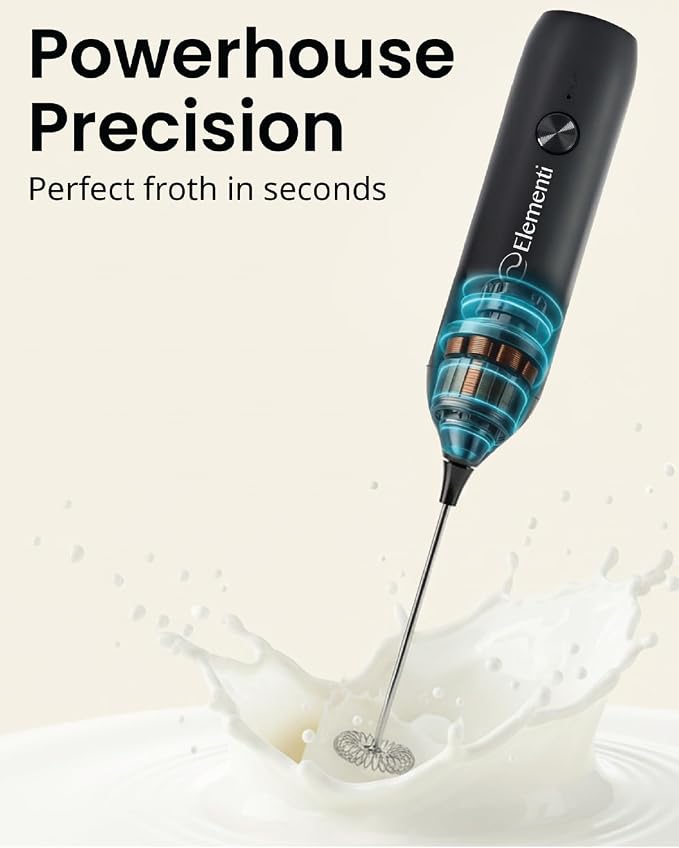 Elementi Milk Frother Wand Rechargeable Drink Mixer - Powerful USB-C Rechargeable Frother Handheld & Coffee Mixer Wand - Hand Held Milk Foamer to Make Perfect Cappuccinos, Lattes & Drink Mixes (Black)
