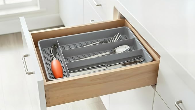 Dial Industries Small Utensil Silverware Kitchen Drawer Organizer, Grey | Keeps forks, spoons and flatware neatly separated, Compact fit for shallow drawers, Great for RVs, campers or everyday use