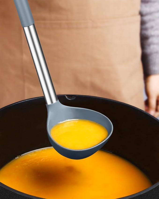 BUNDLEPRO Silicone Ladle Spoon Kitchen Utensils, 2 Pack, Grey-Blue | Non Stick, High Heat Resistant, BPA Free, Ideal for Cooking, Stirring,Serving Soups