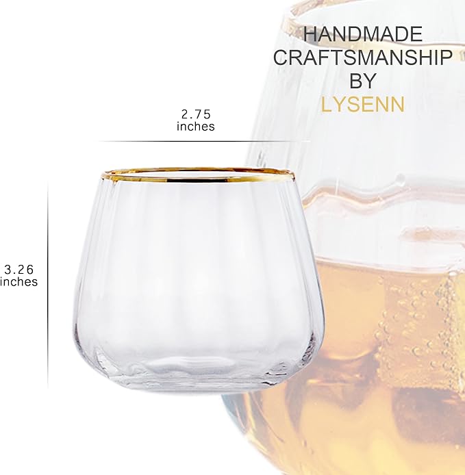 Lysenn Stemless Wine Glasses Set of 4, Red and White Wine, Gold Rim, 11.8oz | Hand Blown, Premium Quality, for Dinner Table, Celebration, Holiday Entertaining, Bar Carts and Home Bars, Ideal Wedding Gift