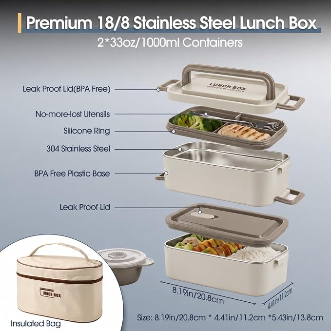 Kabbas 18/8 Stainless Steel Bento Box for Kids & Women – 66 Oz Leakproof Lunch Containers for Adults, 2Layers Stackable Metal Lunch Box with Cutlery & Insulated Bag – Ideal for Work, School, Picnic