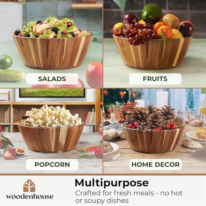 Wooden Salad Bowl Set of 3, Round Wood Bowls for Serving | Large, Medium & Small – Handmade, Durable & Stylish Natural Dining Accessory