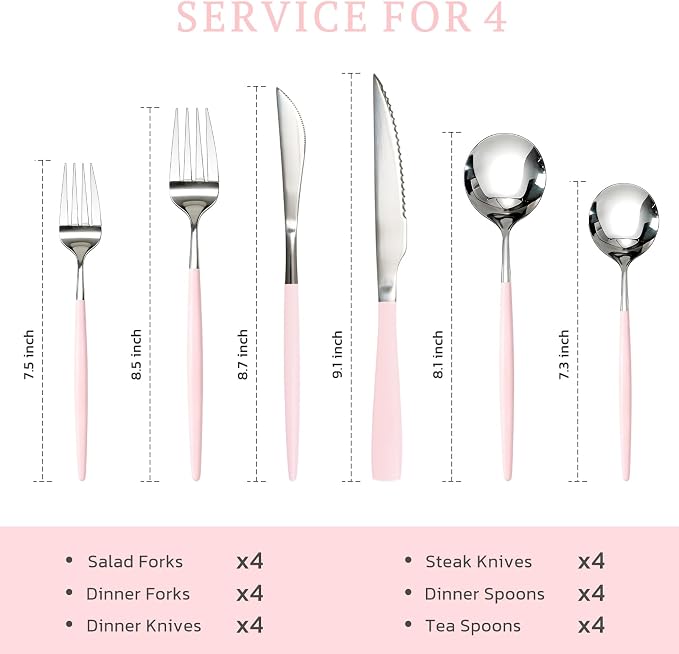Astercook Silverware Set with Steak Knives 24-Piece Flatware Set for 4 Food-Grade Stainless Steel Pink Cutlery Set Mirror Polished Utensils Set Include Spoons and Forks for Home Kitchen Restaurant