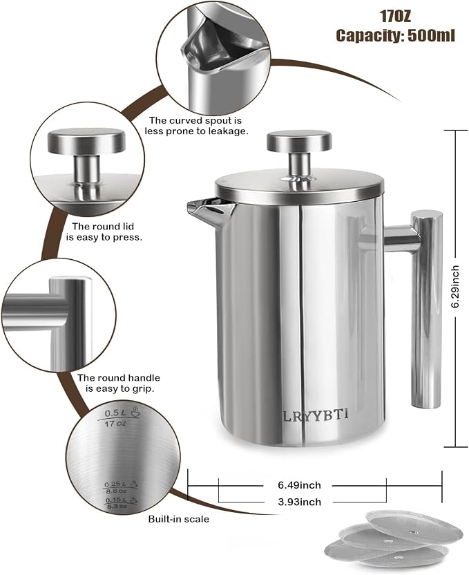 French Press Coffee Maker, Stainless Steel, Silver, 17 OZ | with scale lines，2 Extra Filters